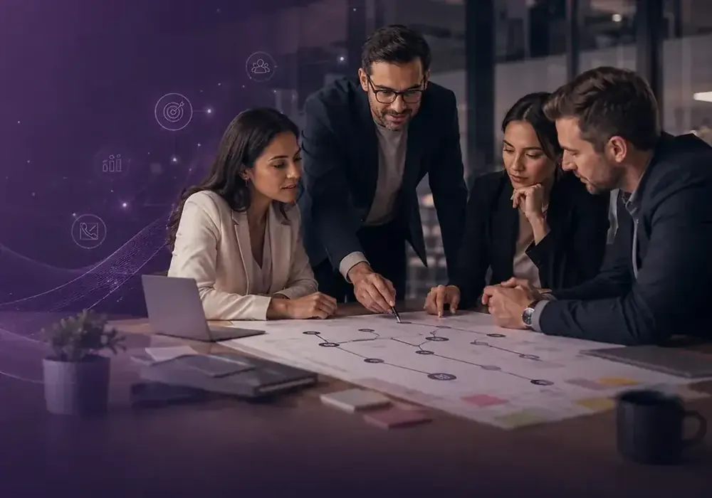 Equipe corporativa discutindo método e estratégia